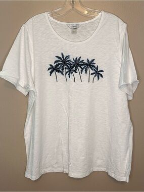 CJ Banks White Scoop Neck Slub Knit Top Embroidered Palm Trees